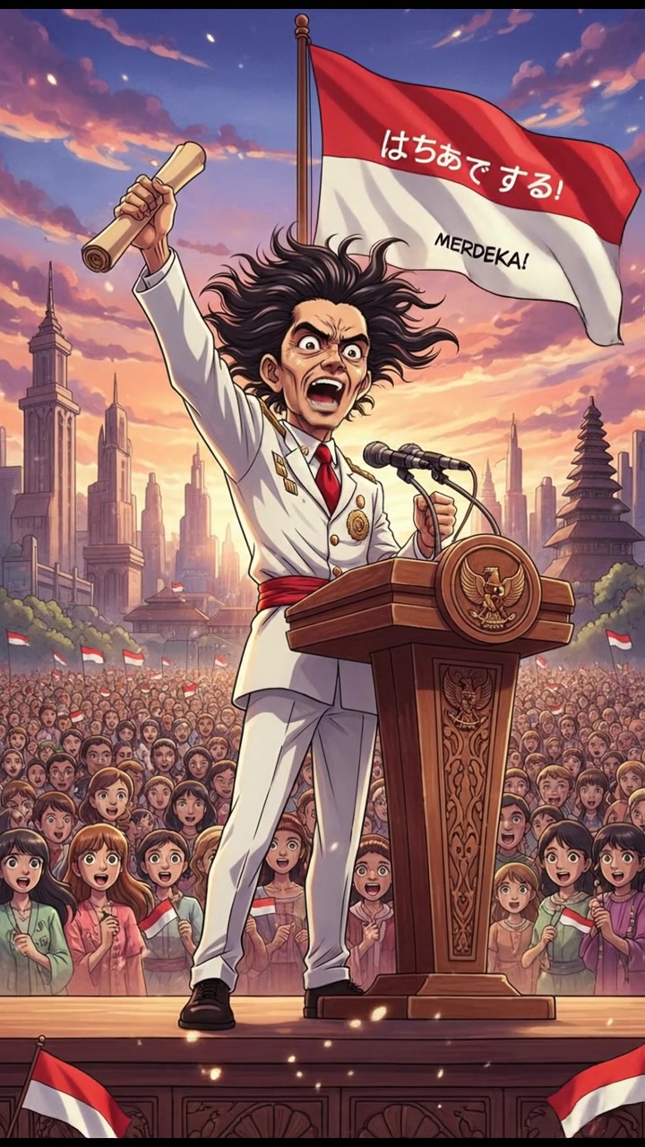 Ir. Soekarno standing at a podium in front of a crowded audience, passionately delivering a speech.