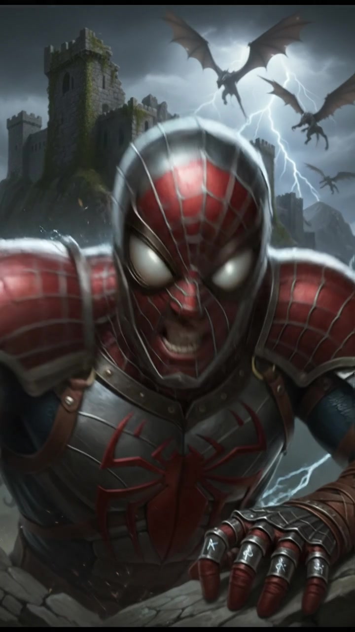 A close-up of Spider-Man, his face showing effort, straining against an unseen force.