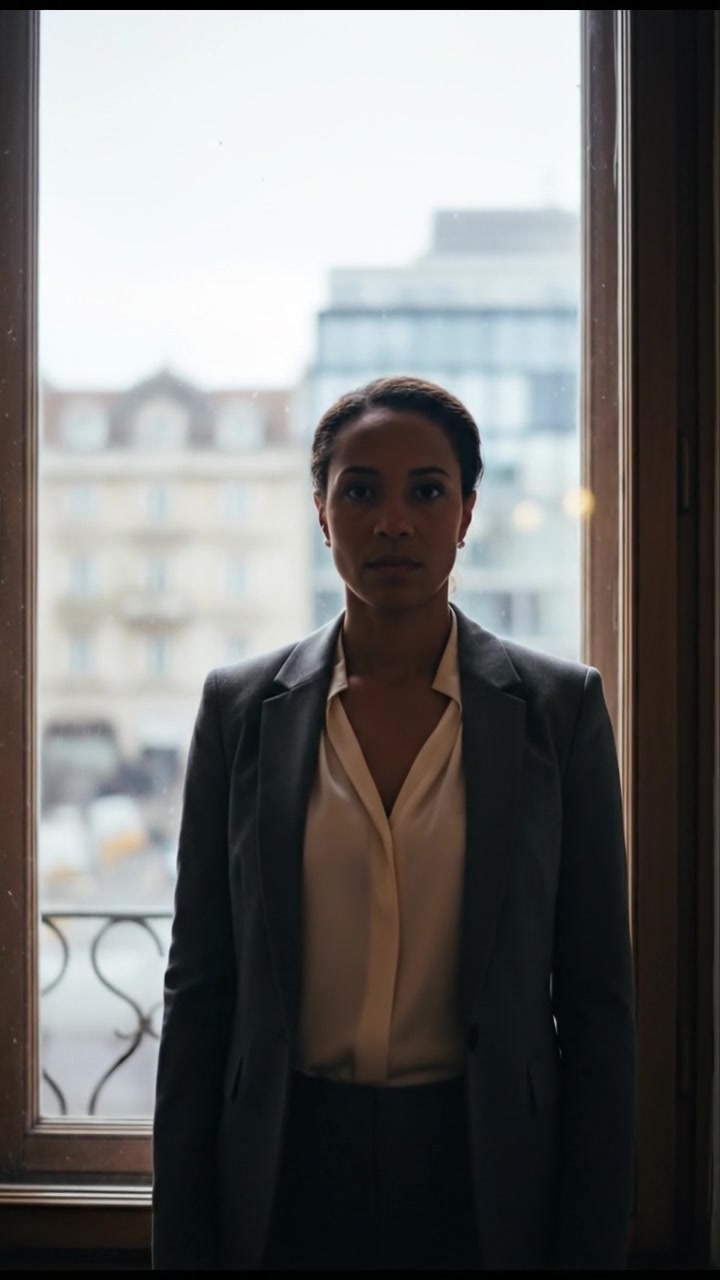Emelda stands resolutely by the window, looking out with determination in her eyes.
