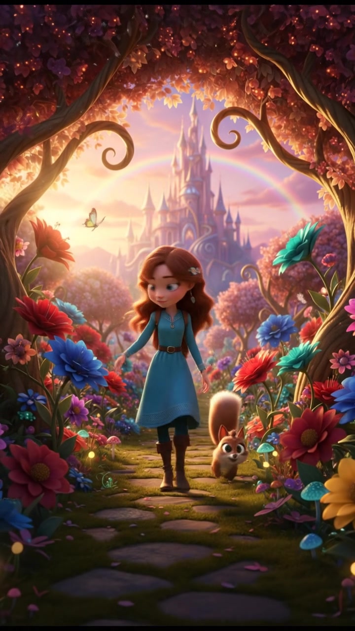 A serene scene of Liris walking through a blooming garden, with sunlight filtering through trees.