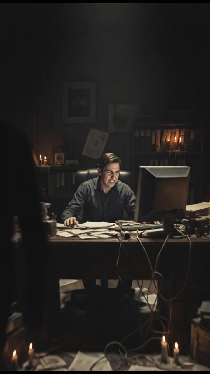Whistleblower in an office, sitting at a desk cluttered with papers, looking intently towards a computer monitor.
