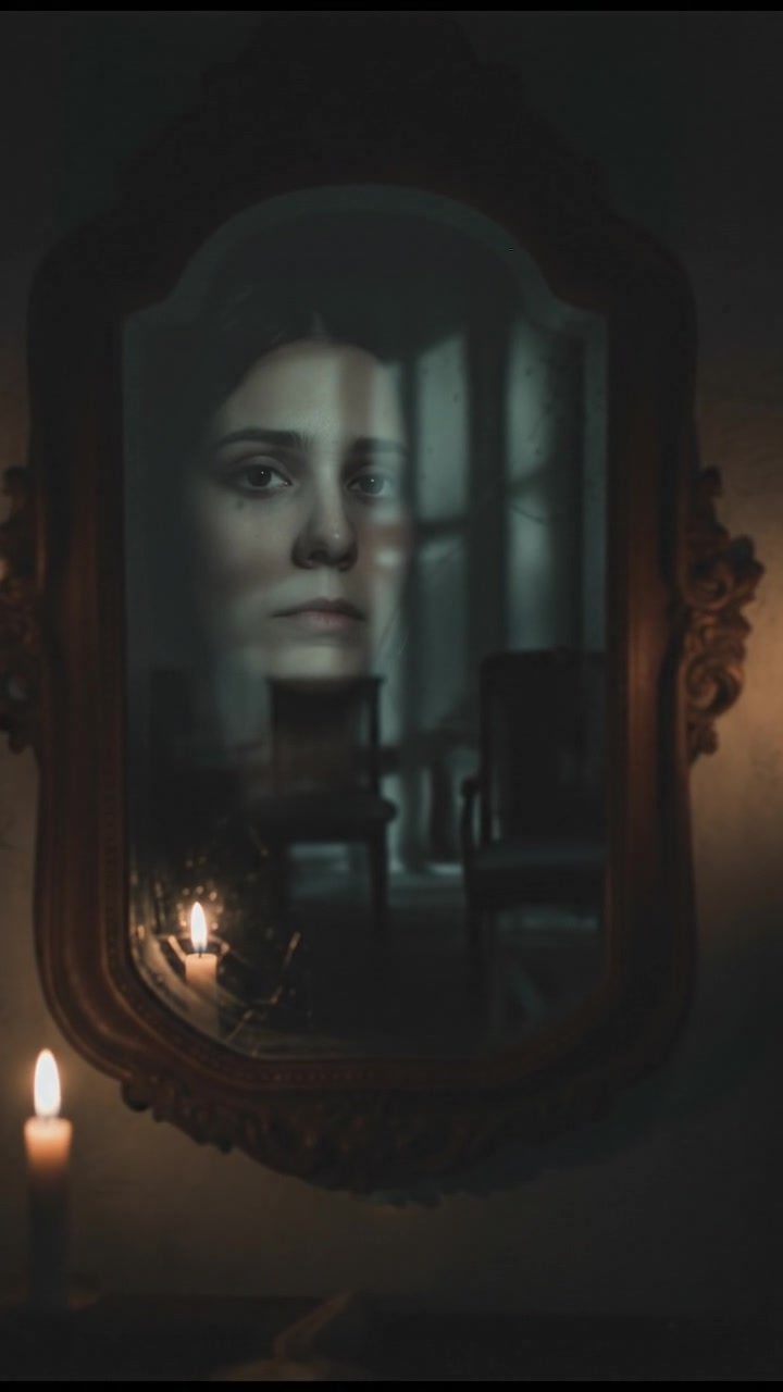 A close-up of You's reflection in the mirror, showing a calm expression.