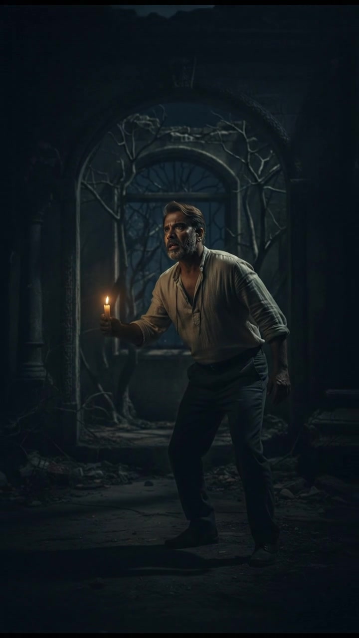 Ramu, trembling in fear, calls out into the darkness, looking apprehensive.