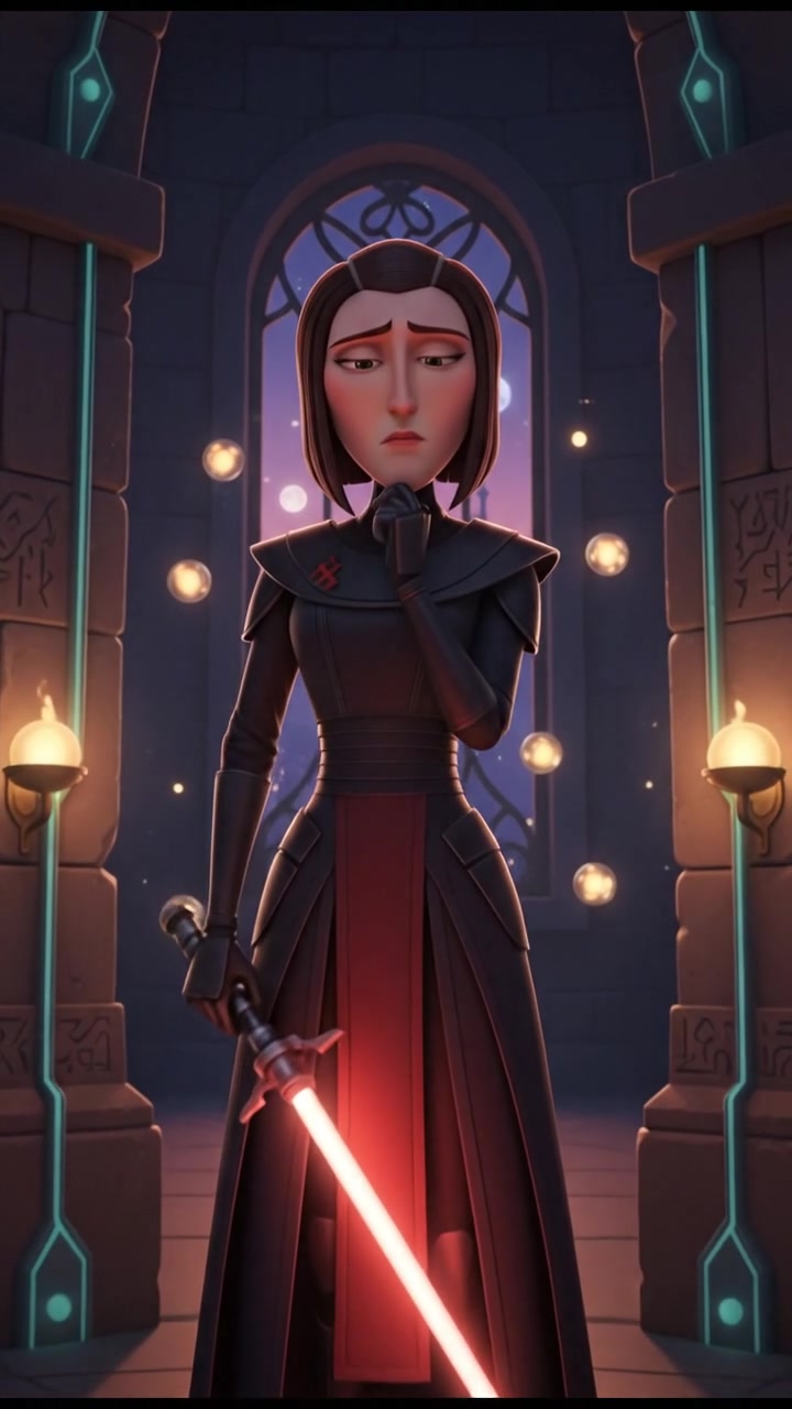 Second Sister standing in a dimly lit room, looking thoughtful with a serious expression.