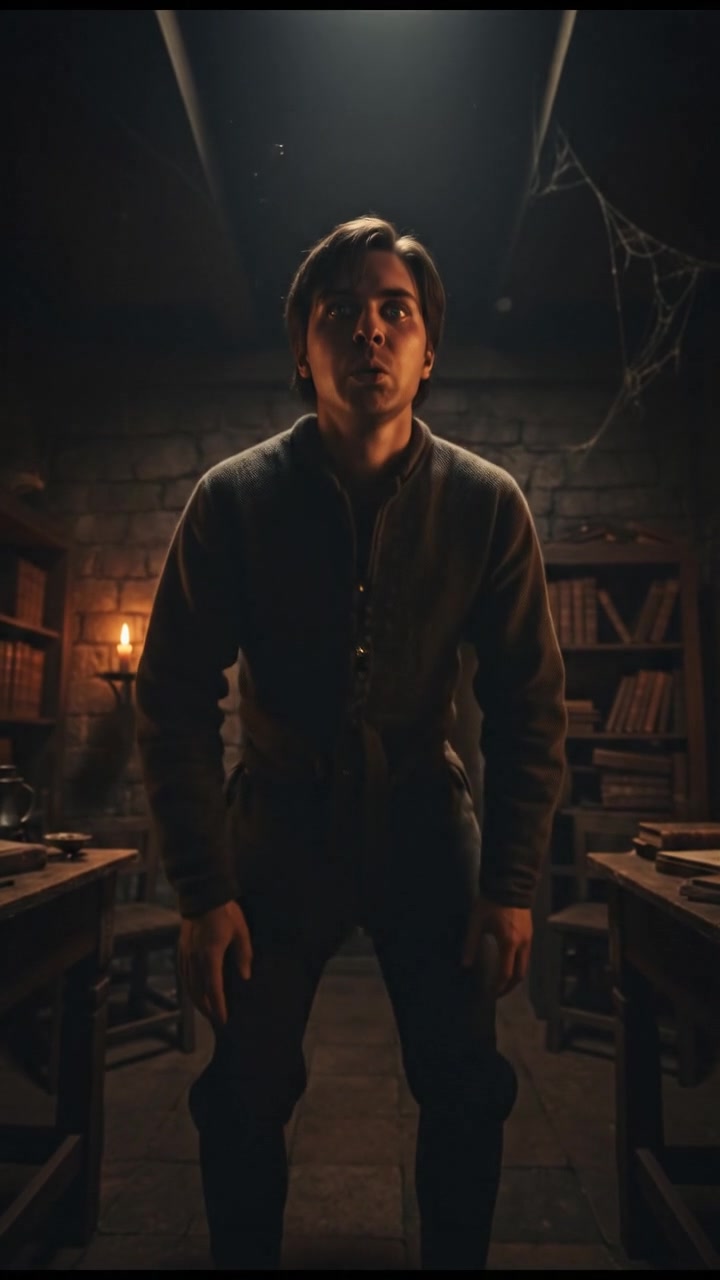 Figure holding his breath in a dimly lit room, whispering with wide, alert eyes.