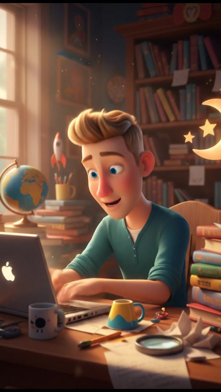 A close-up of Ryan sitting at a cluttered desk, surrounded by books and papers, looking thoughtfully at his laptop.