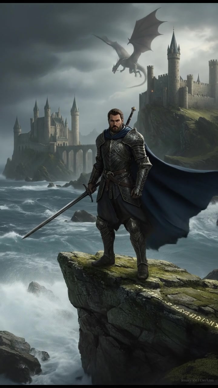 Yunus standing alone on a rocky cliff, overlooking a turbulent sea, with a determined expression.