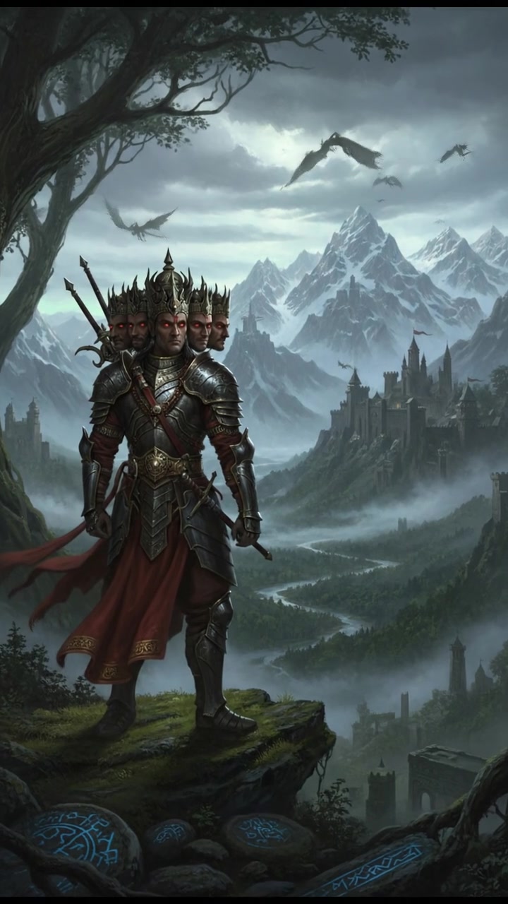 Ravana, standing in a forest, gazes at the towering mountains in the background.