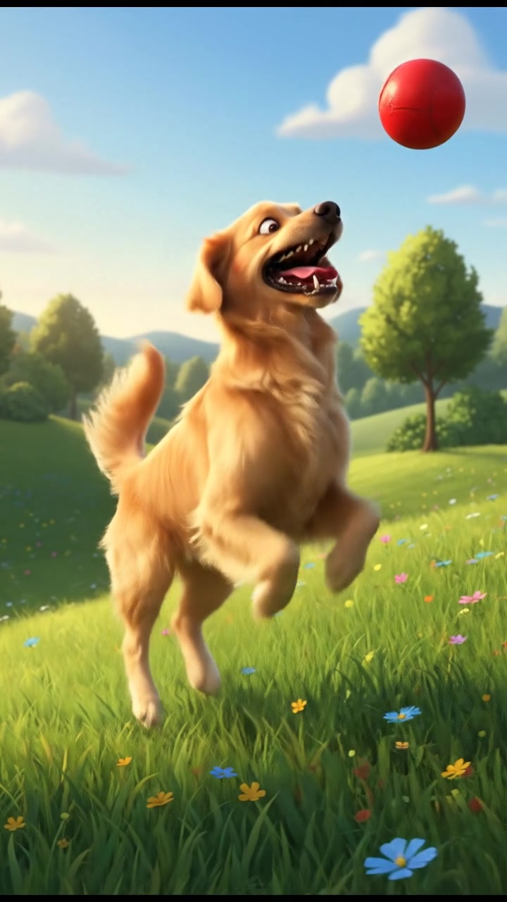 Buddy, a fluffy golden dog, leaps into mid-air to fetch a bright red ball in a grassy field.