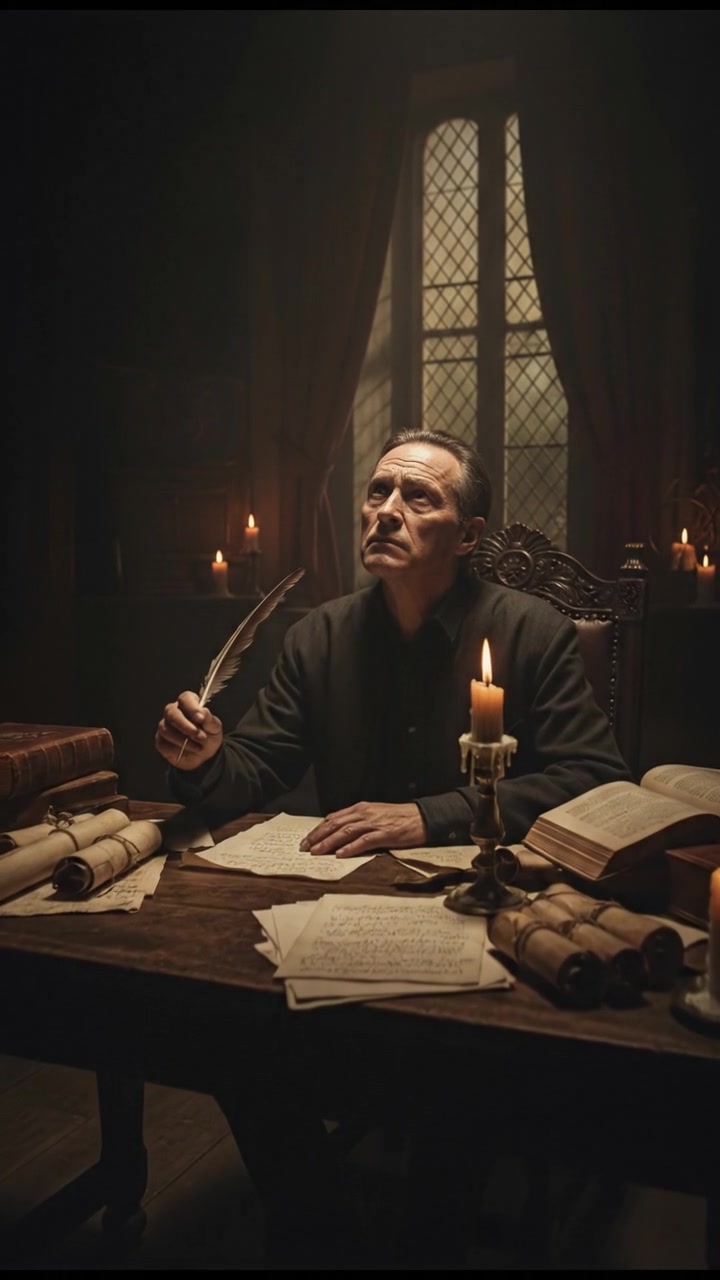 The Narrator sitting at a wooden desk with papers scattered around, a pen in hand, deep in thought.