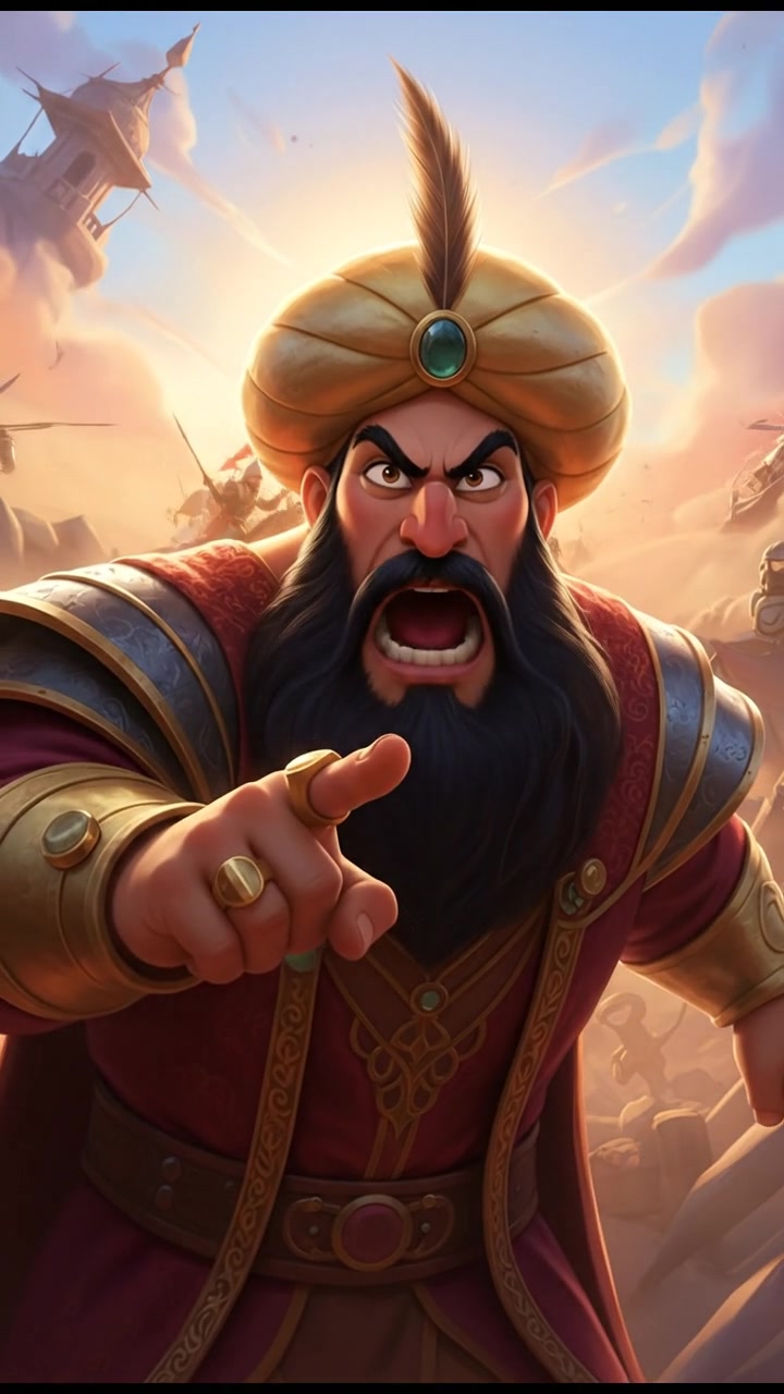 A close-up of Sultan's determined expression as he shouts commands during battle.
