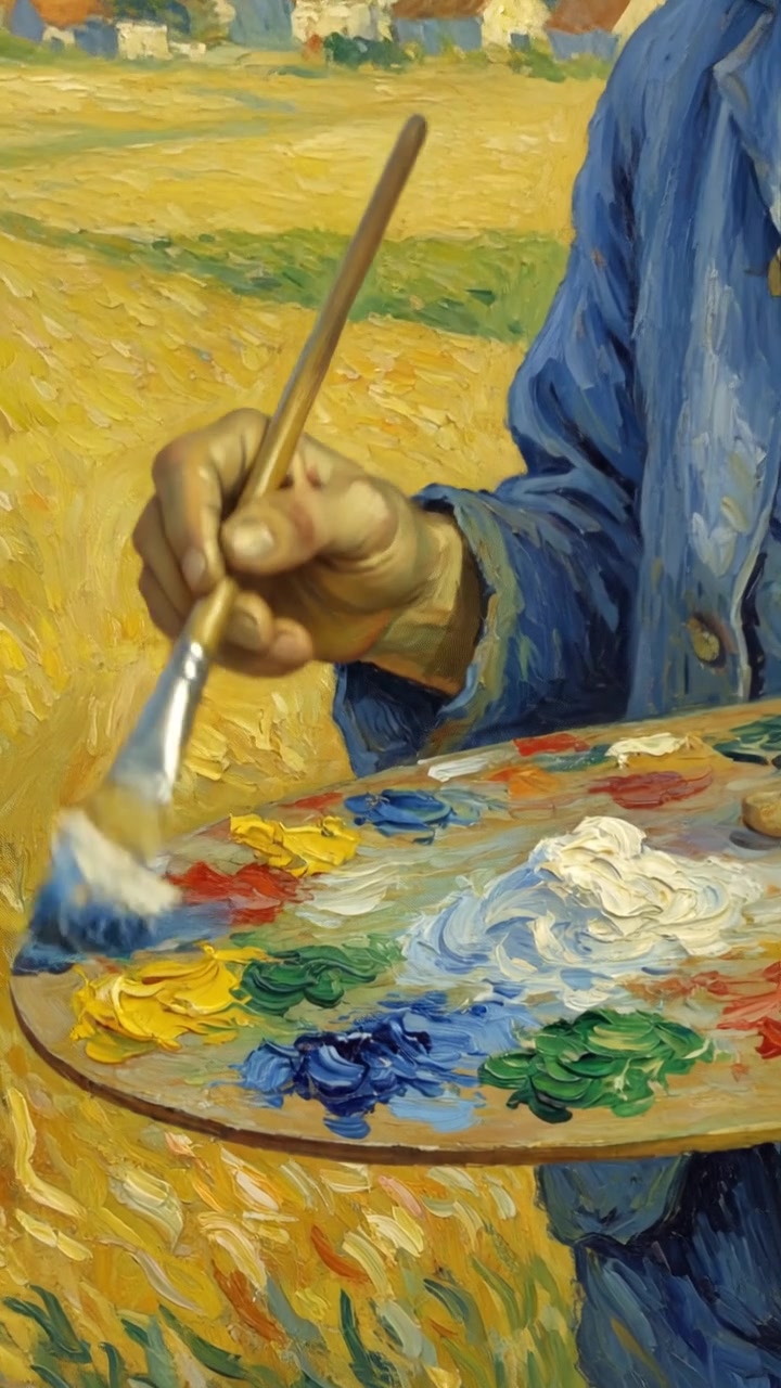 A close-up of Van Gogh's hand mixing vibrant paints on a palette.