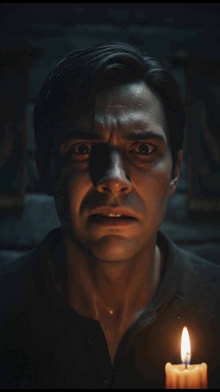 A close-up of the Narrator looking anxious, with wide eyes and a tense expression.