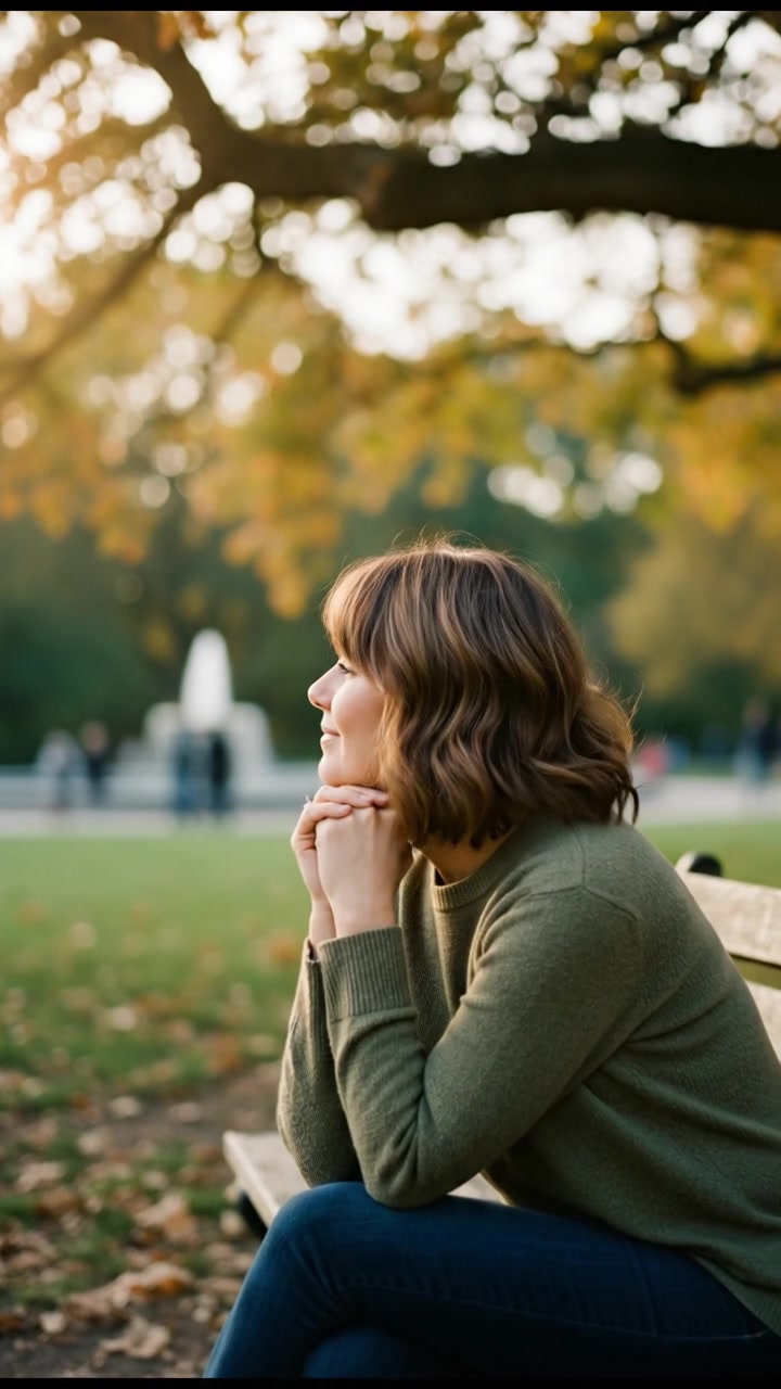 Susan sitting on a park bench, looking contemplative and hopeful.