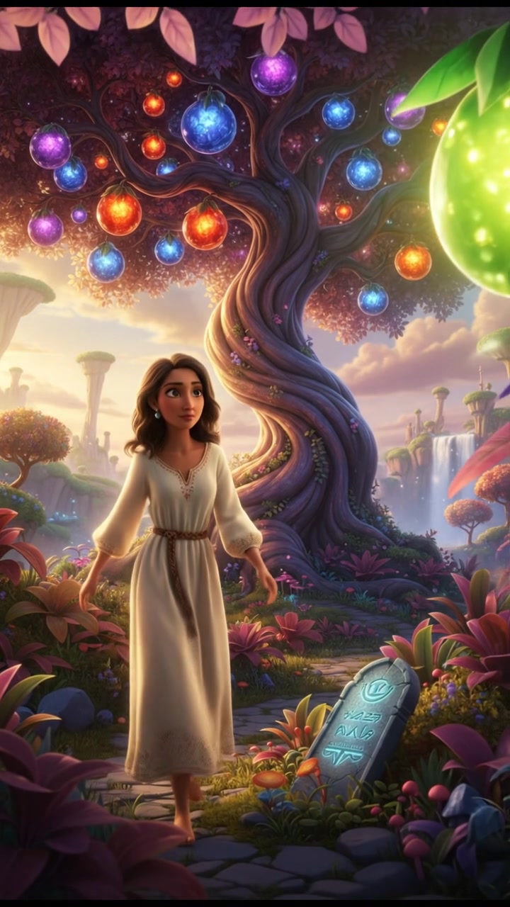 Laila with a cautious expression, looking at the tree that holds forbidden fruit.