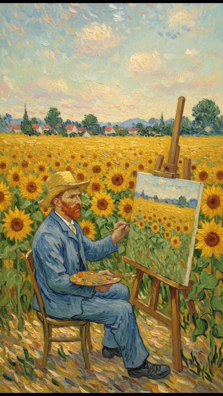 Vincent Van Gogh painting in a bright, sunlit field filled with sunflowers.