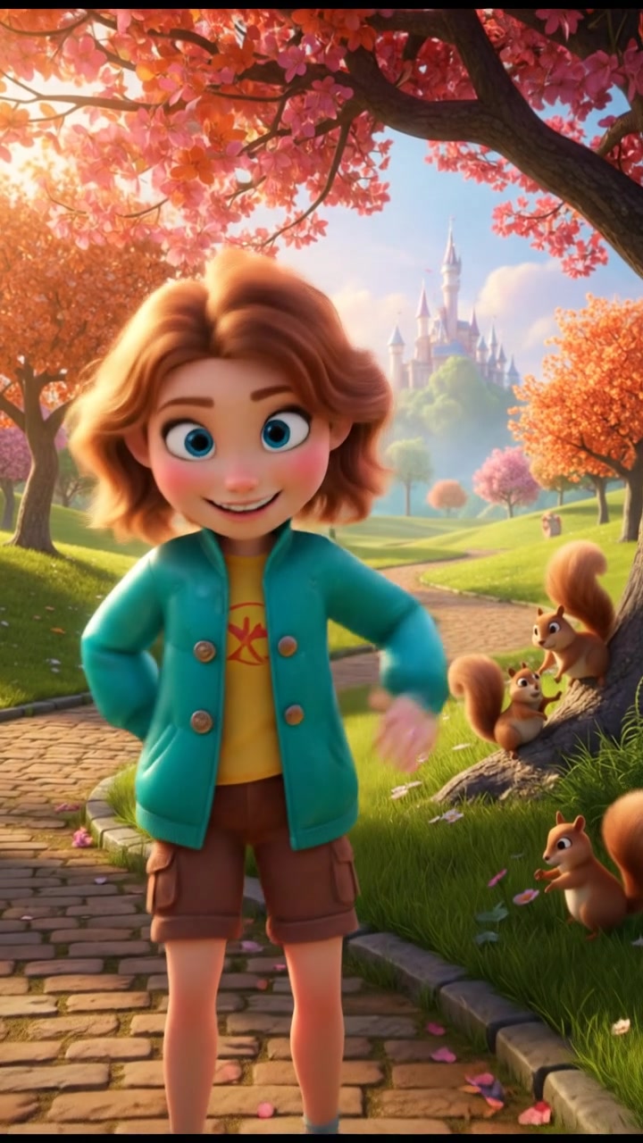 Alex is standing outside in a park, smiling and waving at the viewer.