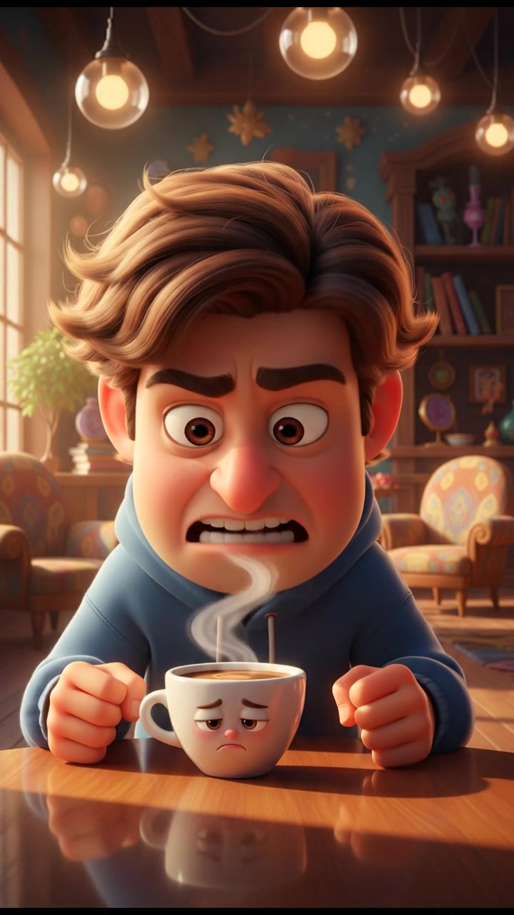 A close-up of Jake sitting at a table, looking frustrated with a coffee cup in front of him.