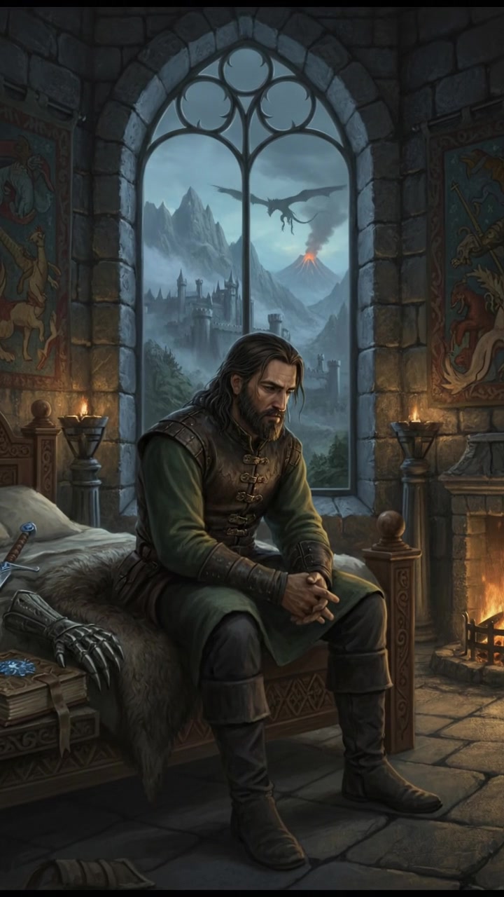 A dimly lit bedroom with Vimal sitting on the edge of his bed, looking contemplative.