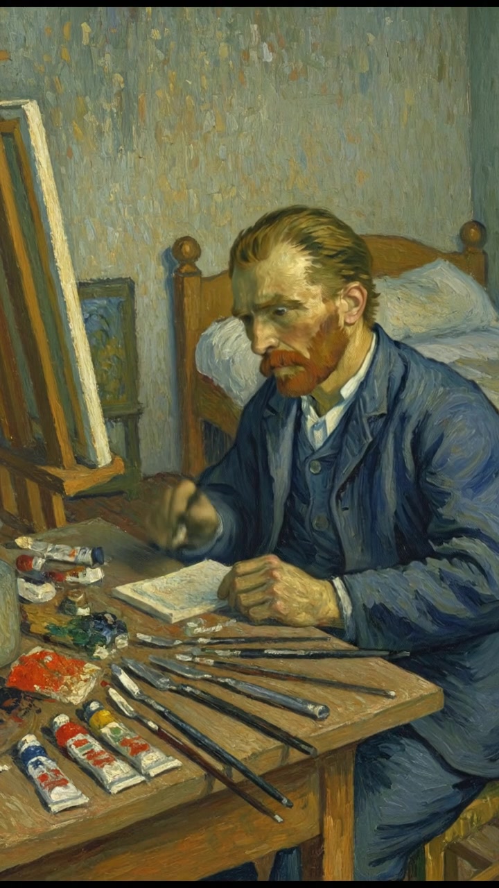 Vincent Van Gogh in a dimly lit room, sitting at a table with paint and brushes scattered around.