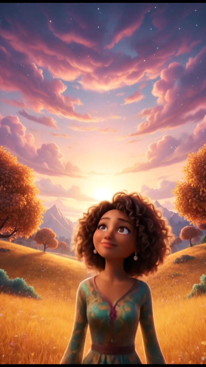 Nia standing alone in a field, looking up to the sky with a soft expression.