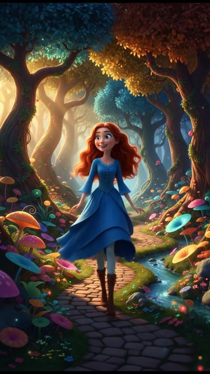 Alma walking along a winding path in a lush forest, surrounded by tall trees and vibrant greenery.