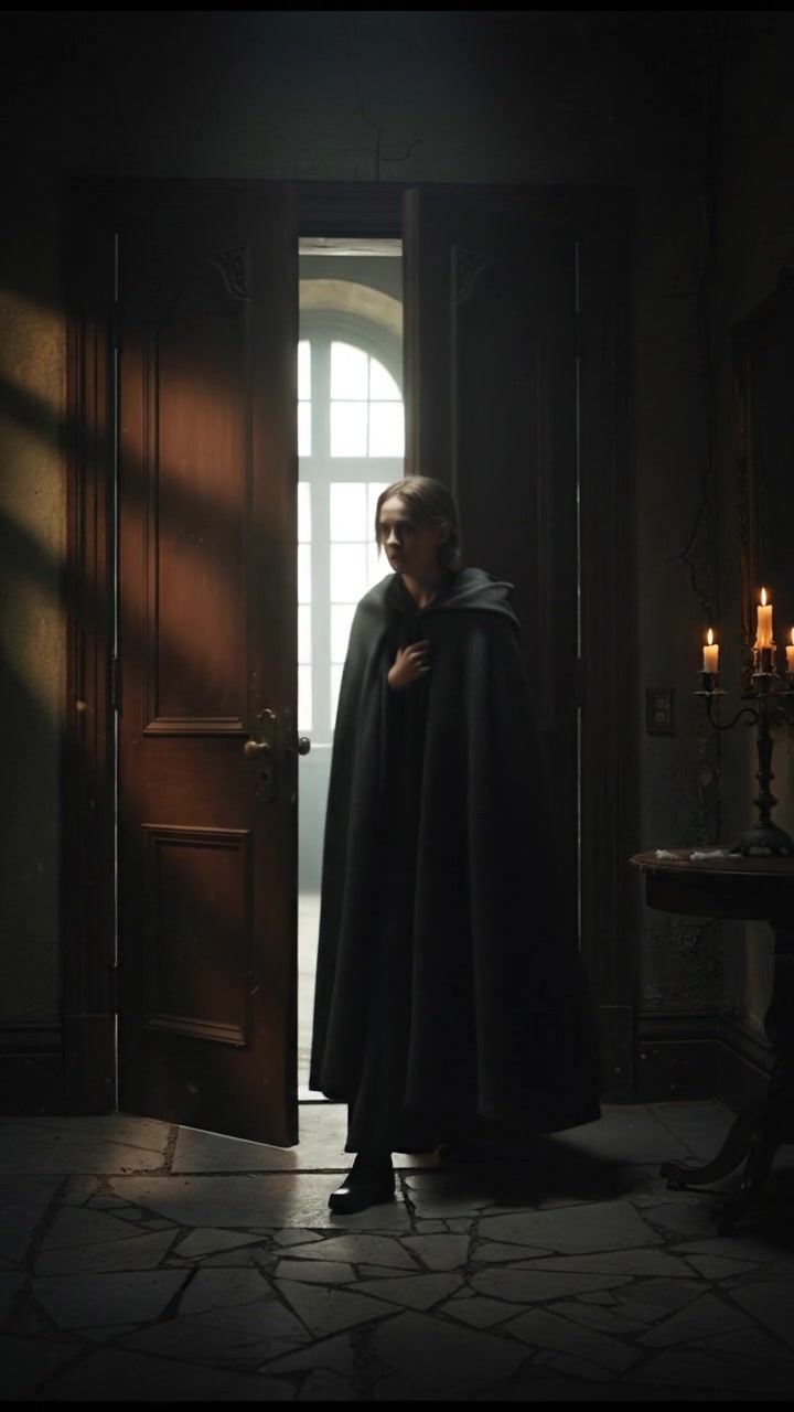 Rio stands by the front door of the house, looking apprehensive.