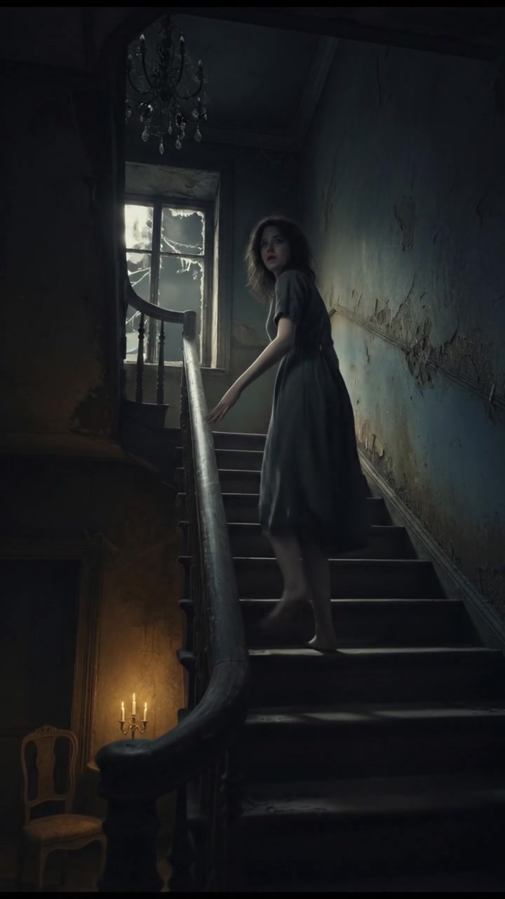 Ara descends the creaky staircase cautiously, looking back over her shoulder in fear.