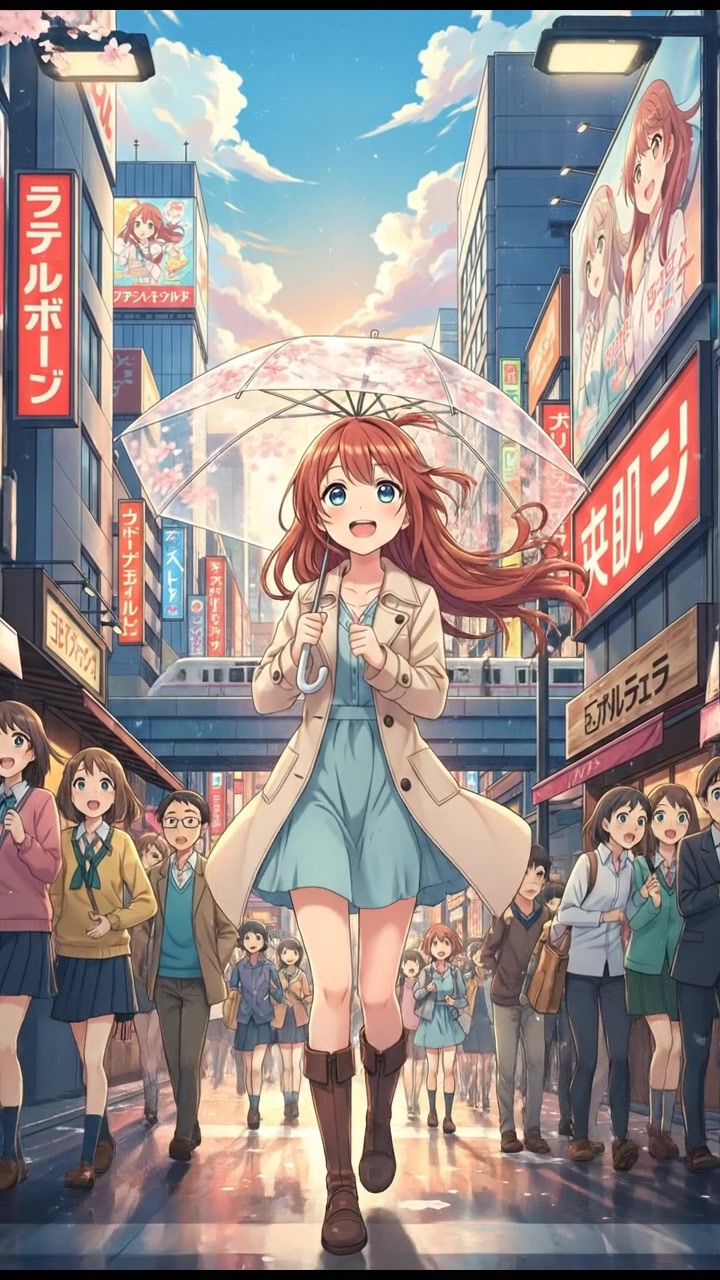 A view of Tokyo streets bustling with people, while Akari is walking in the foreground under her umbrella.