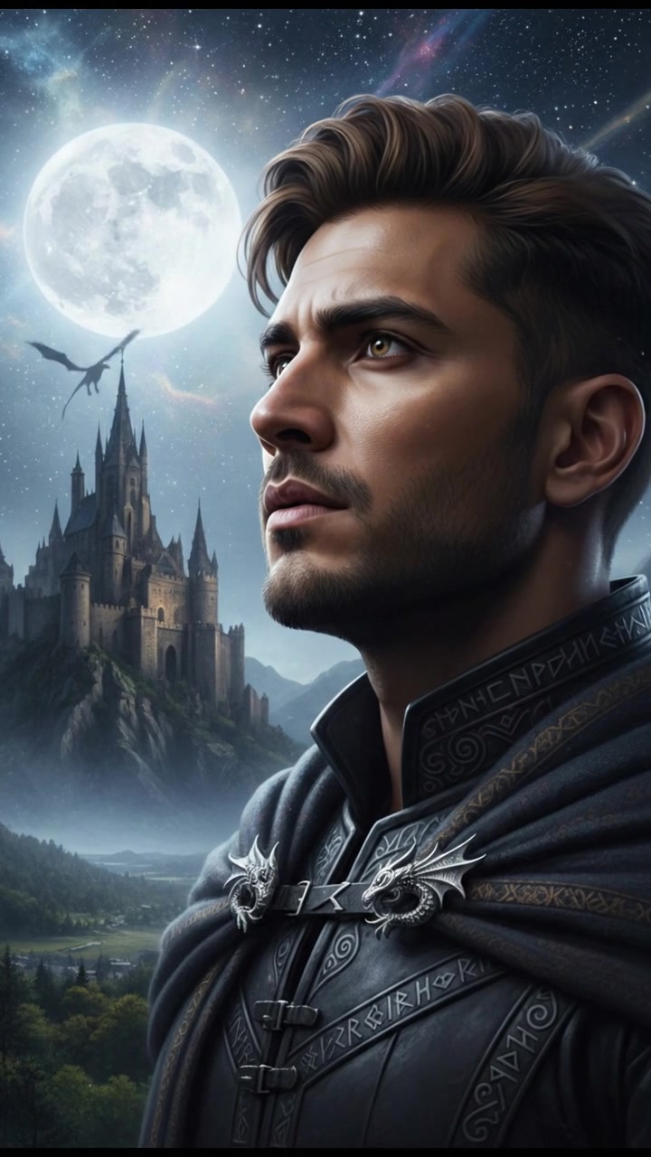 A close-up of Young Man's face as he gazes intently at the stars, the moonlight illuminating his features.