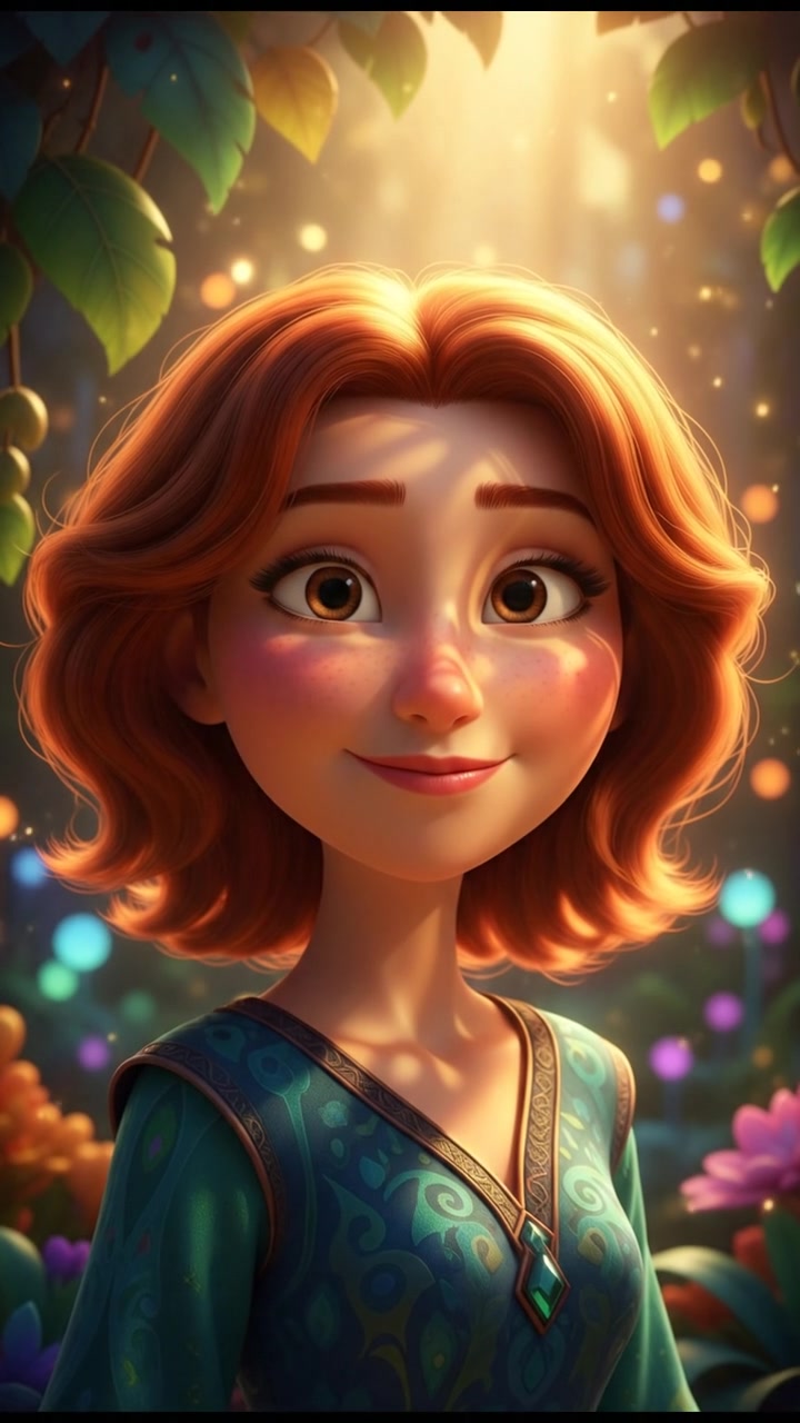 A close-up of Sarah's serene expression, with sunlight casting soft shadows on her face.