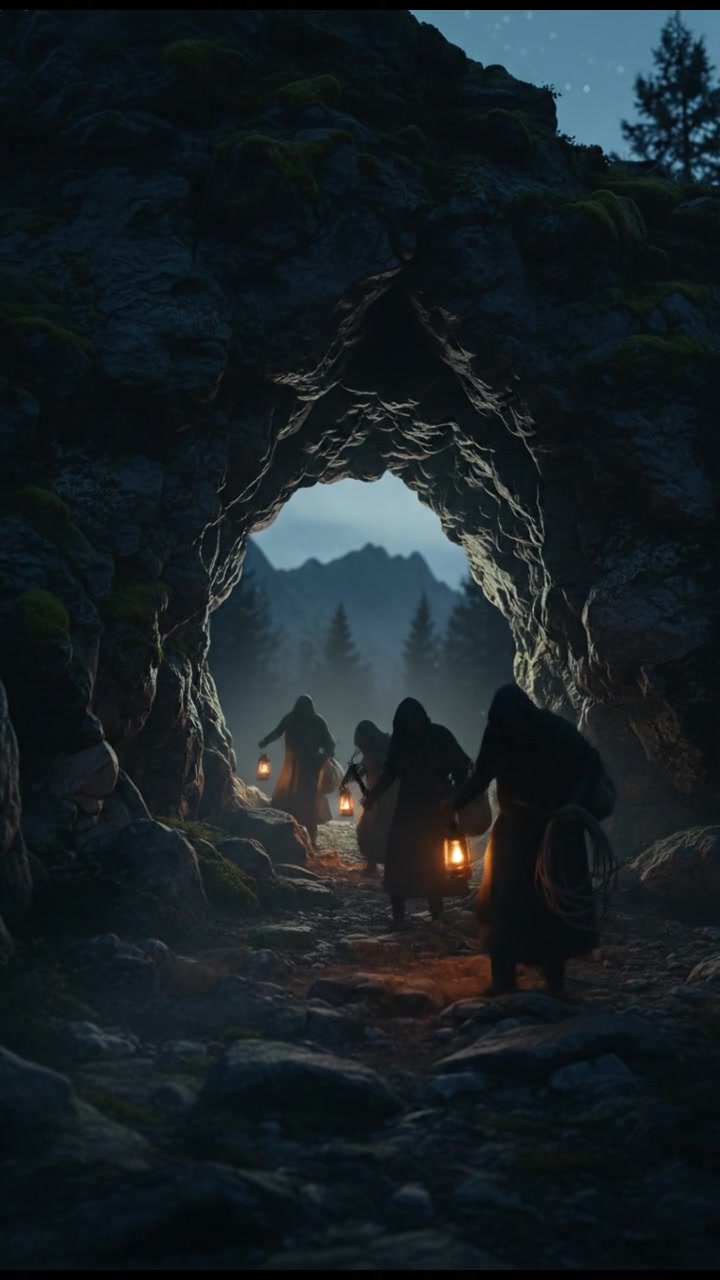 The entrance of the cave, dark and ominous, as shadowy figures of thieves approach.