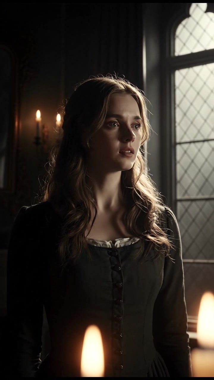 Sari, standing in her dimly lit living room, looks towards the window with a worried expression.