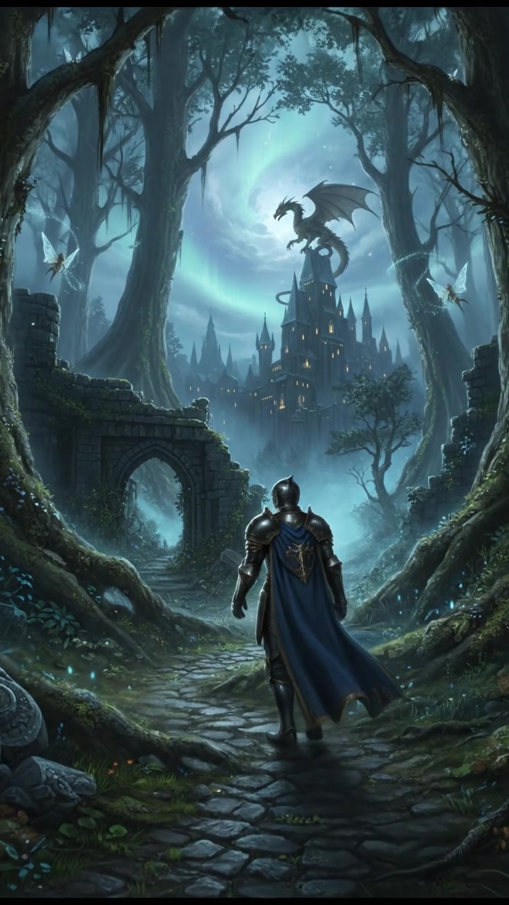 You walking through a shadowy forest path, surrounded by tall trees.