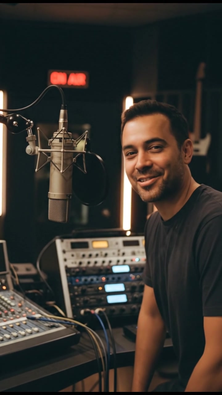 The Voiceover is speaking into a microphone in a studio, with sound equipment visible around him.
