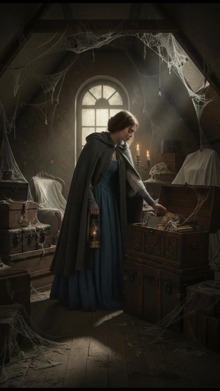 Anna stands in a dusty attic filled with cobwebs, searching among old boxes and treasures.