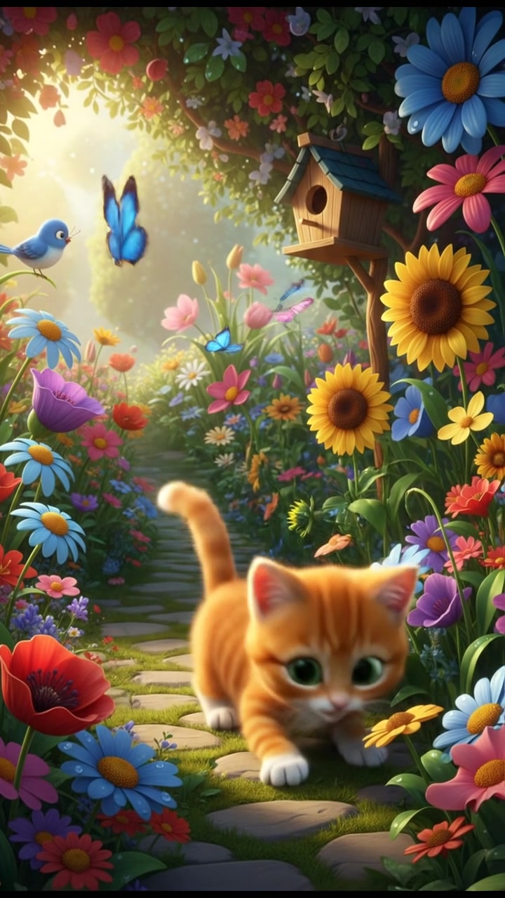 A playful cat playing in a colorful garden filled with flowers, butterflies, and small birds.