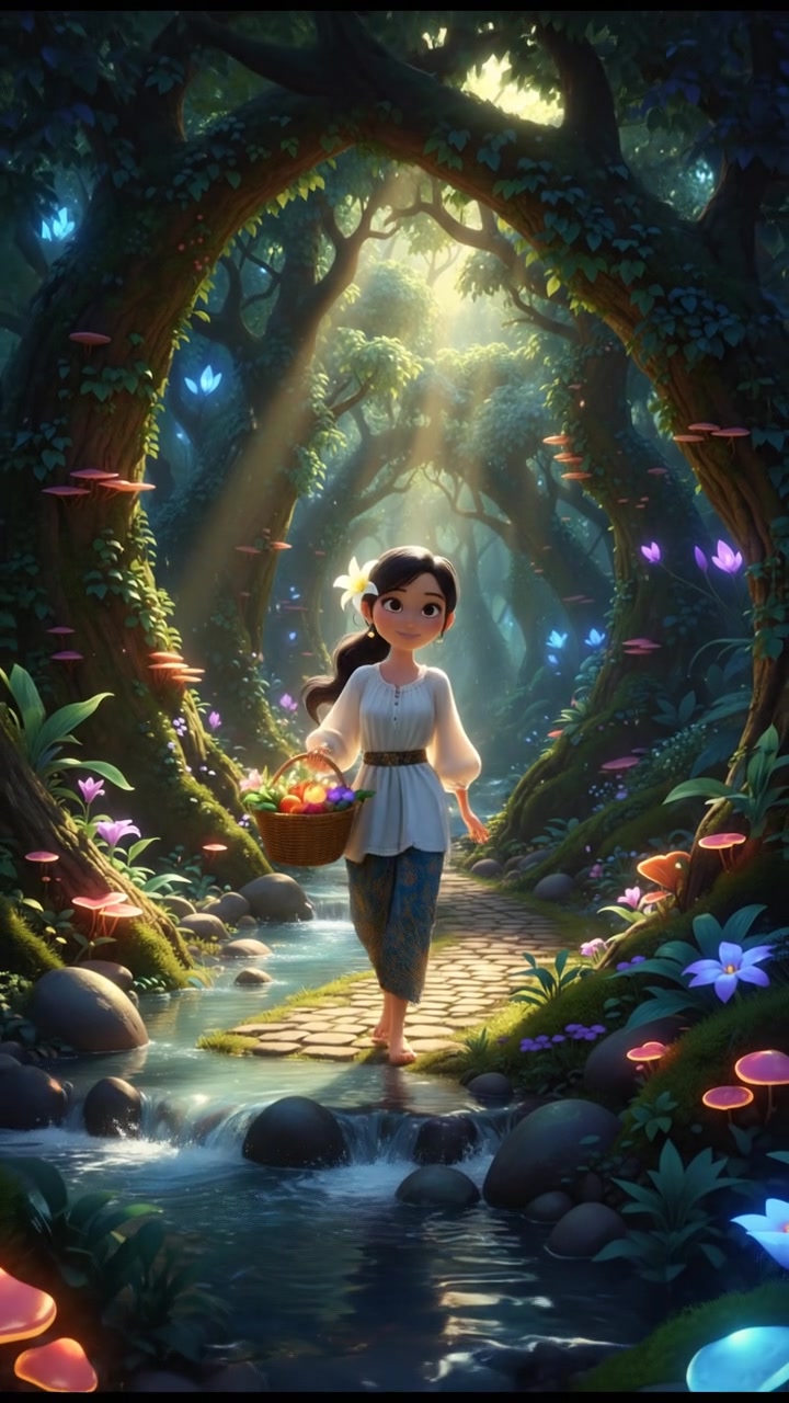 A dense forest with Bawang Putih walking along a narrow path near the river.