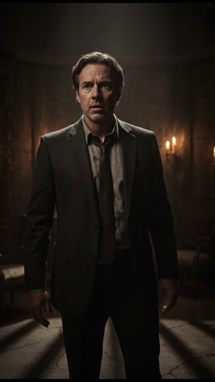 Mark, looking nervous, stands in a dimly lit room, with shadows encompassing him.