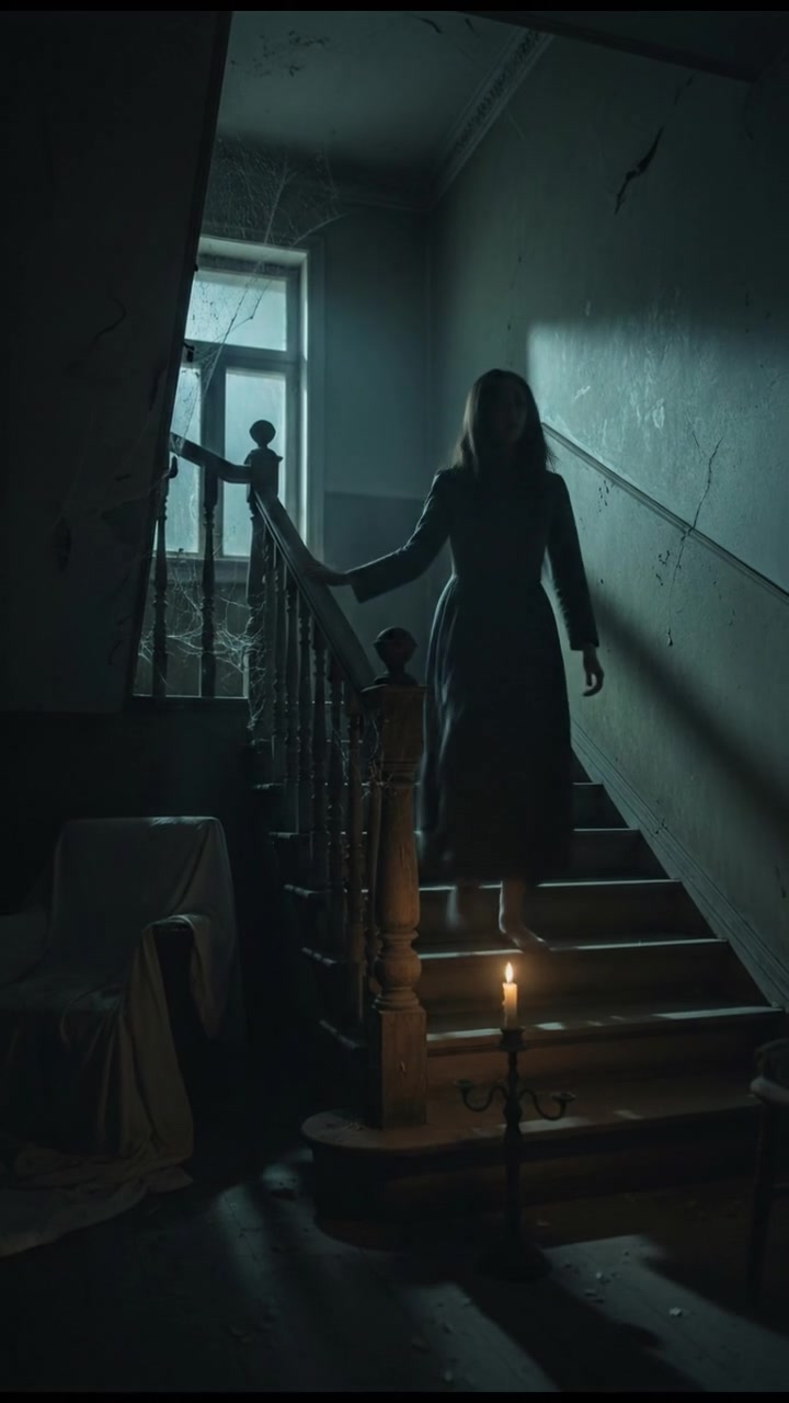 Laras peering into the darkness of the house, hesitating before taking a step down the stairway.