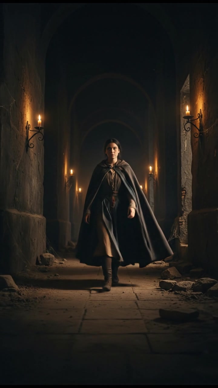 Ratna stepping cautiously towards a darkened hallway, a look of determination on her face.