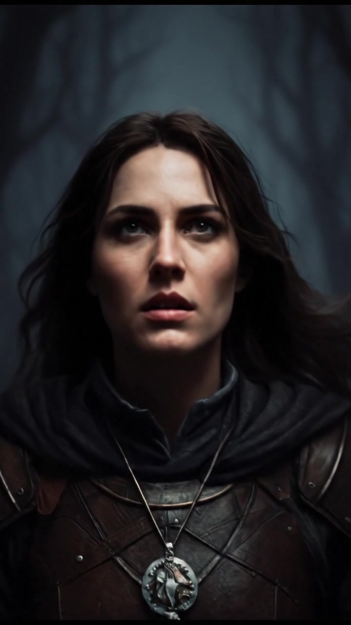 Lina stands at the edge of a dark forest, taking a deep breath, with determination in her eyes.