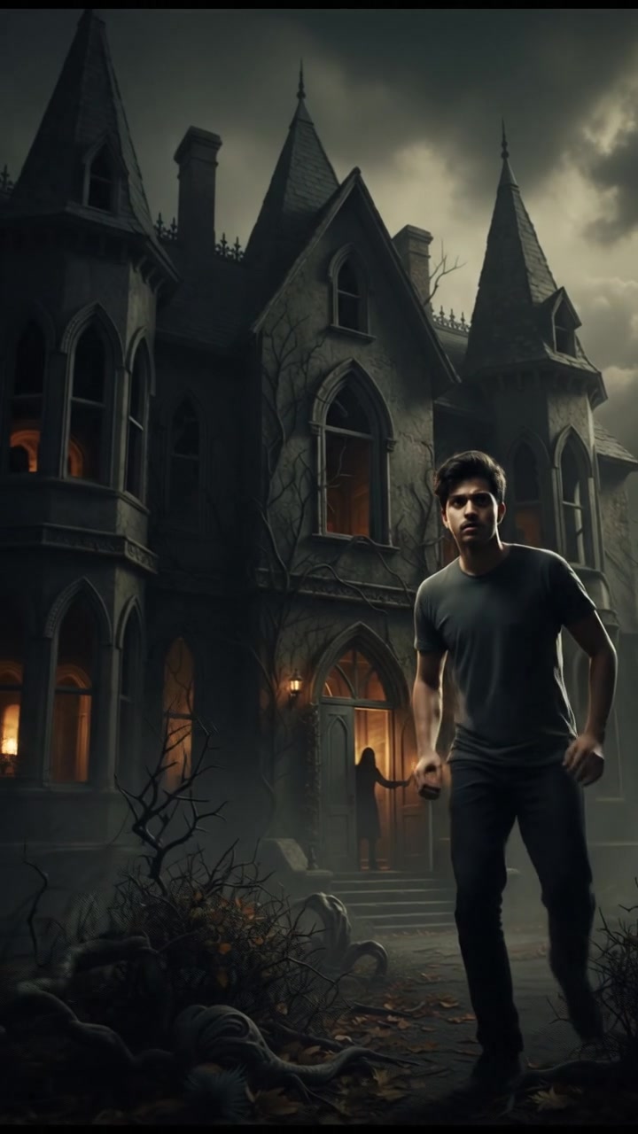 Rahul appears anxious, standing slightly back, wary of the dark mansion.