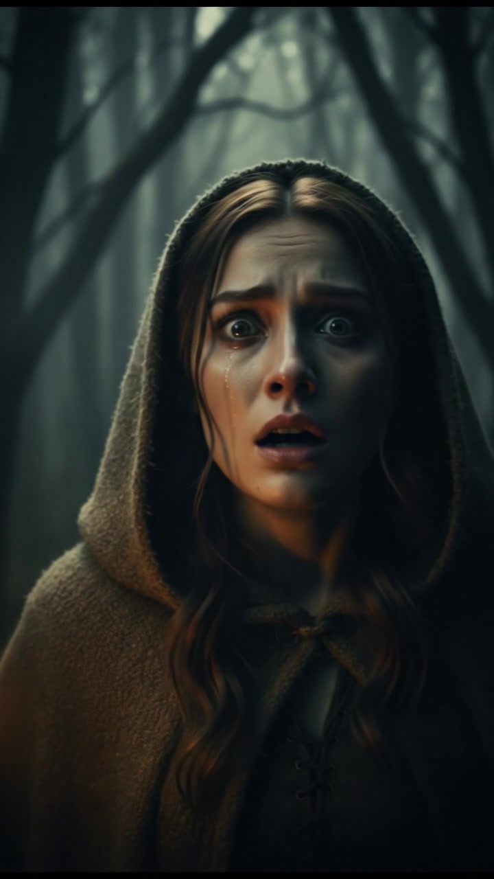 A close-up of Anna's face, showing her terrified expression, with the dense forest blurred in the background.