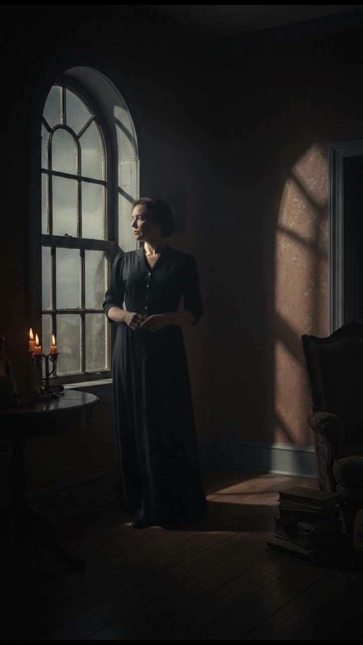 Deborah standing by a window, looking outside thoughtfully, with soft light illuminating her face.