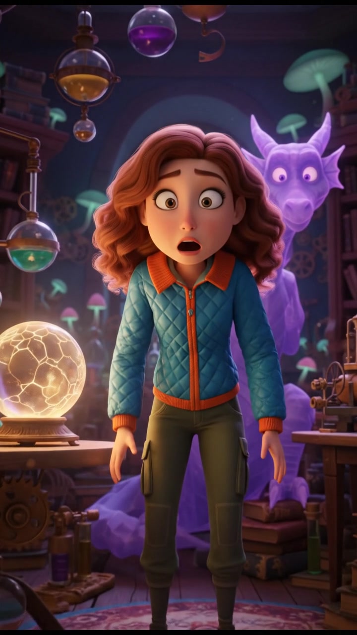 Rina looking shocked with wide eyes, an intense expression as she stands in a dimly lit room.