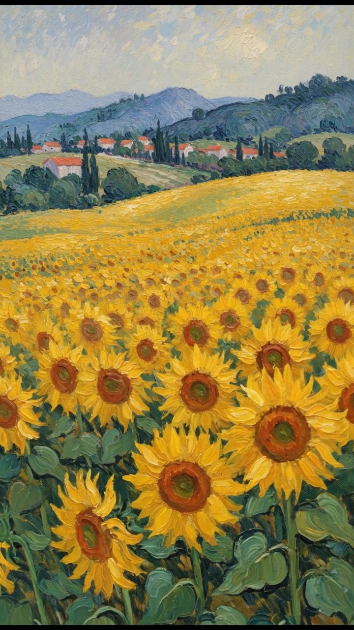 A serene landscape depicting a field of sunflowers, reminiscent of Van Gogh's art in the background.