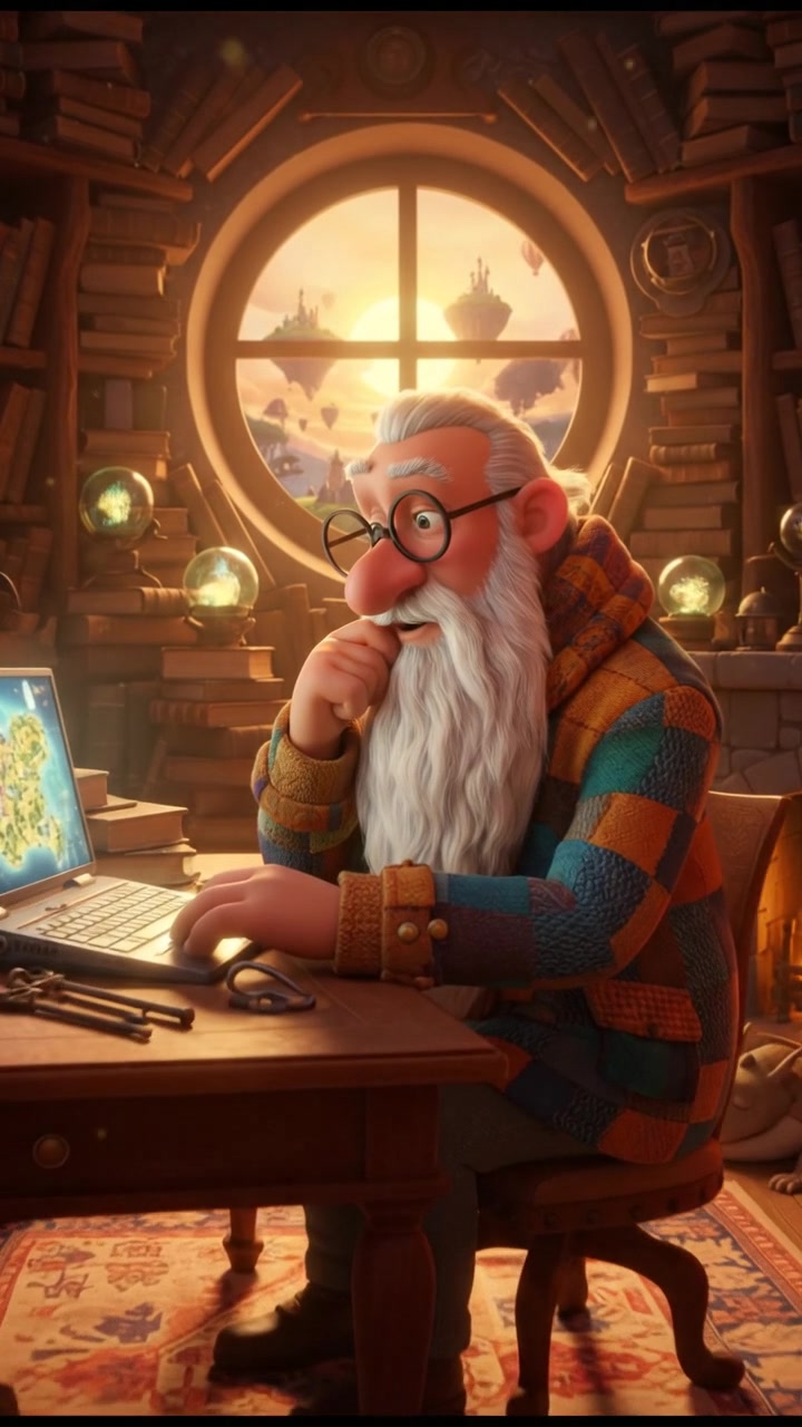 The Narrator sitting at a desk with a laptop, looking thoughtfully at the screen.