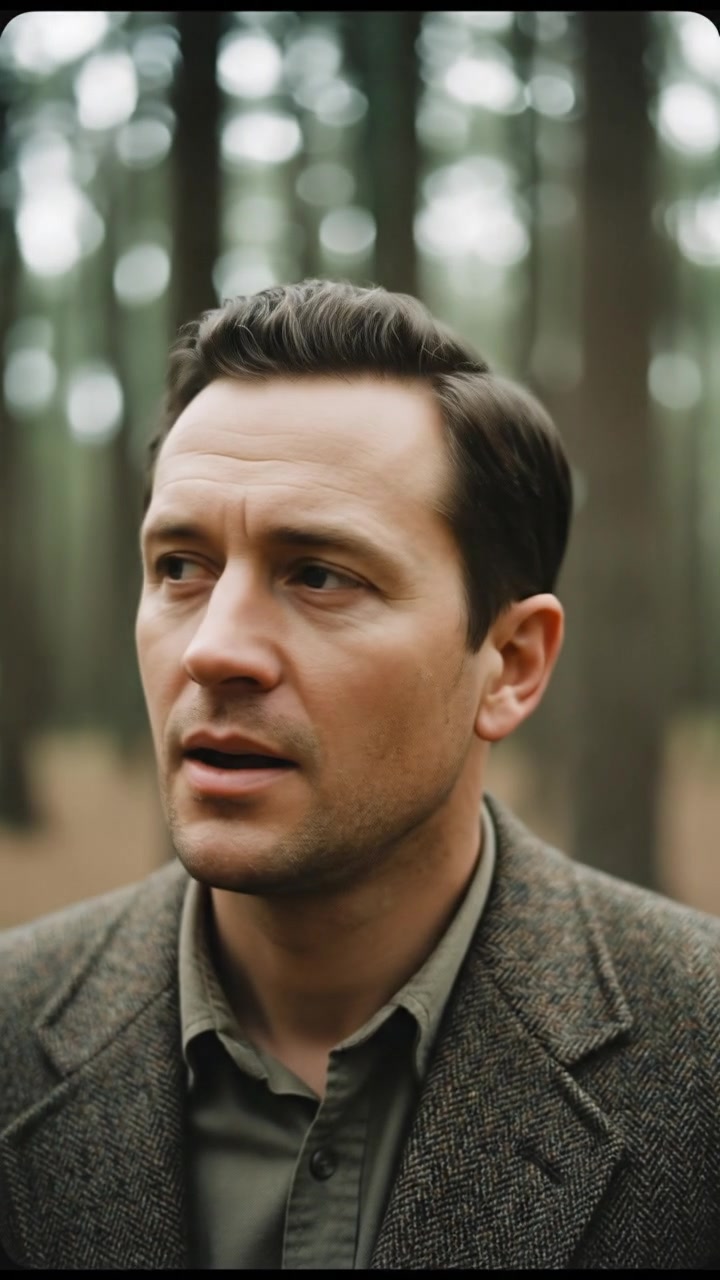 A close-up of The Narrator's thoughtful expression as he gazes into the distance, with trees blurred in the background.
