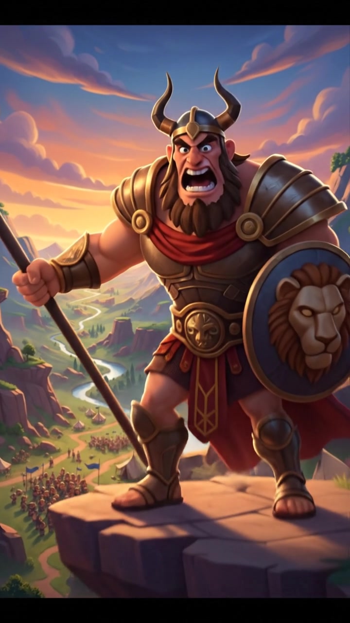 Goliath, a giant of a man, taunting the Israelite army with a fierce expression.